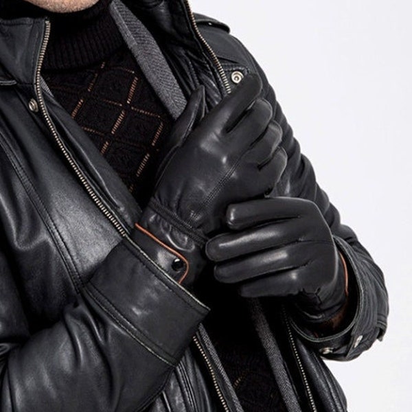 LAMB skin mens glove - black soft gloves - leather gloves for him - Winter gloves polylining THINSULATE Black sleek gloves