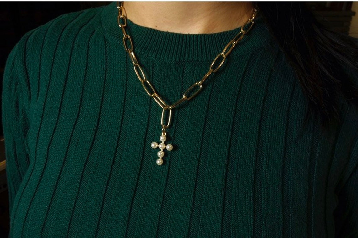 Ladies cross pendant with GOLD Paperclip Chain Ladies Necklace Etsy