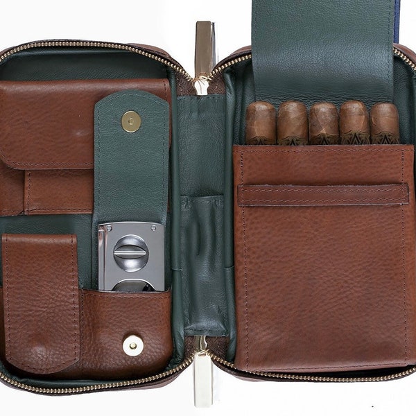Personal Cigar case leather - Portable cigar case - Custom WEDDING GROOMSMAN gift - Best man Gift- Green & Cognac - Christmas gift DAD