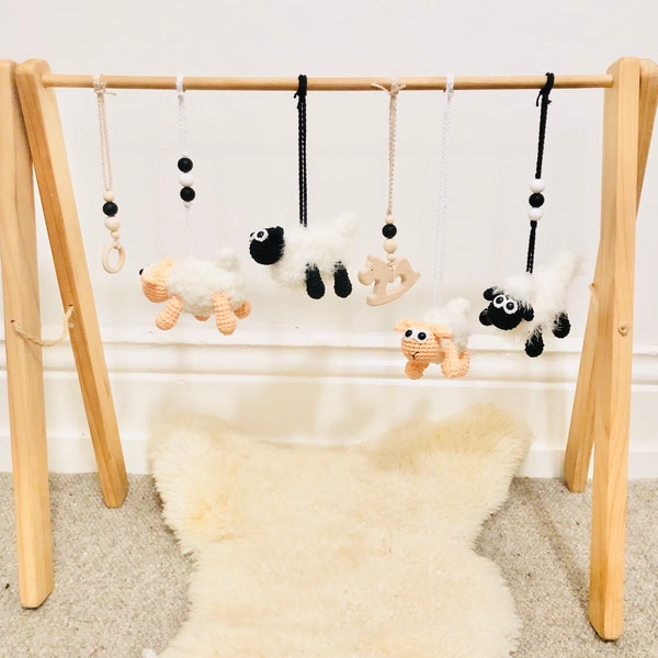 FRAME INCLUDED: SHEEP Baby Gym Toy, Lamb Baby Gym Center, Crochet Sheep Baby Gym Activity, Black and White Crochet Lamb Baby Gym Toy