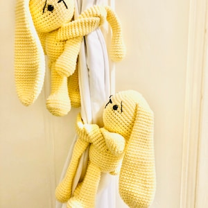 Yellow Bunny Curtain Tiebacks, Crochet Bunny Tiebacks, Crochet Bunny Curtain Tiebacks