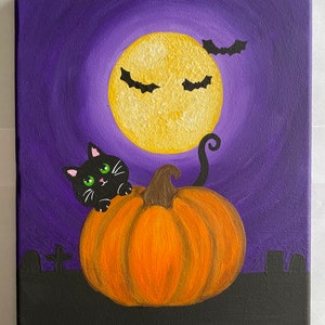 Painted Halloween Black Cat and Pumpkin 8x10 Canvas | Halloween decor | fall | autum | spooky season | Halloween decoration | scary art
