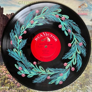 Painted Red/Green Christmas Holly and Mistletoe Wreath Vinyl Record