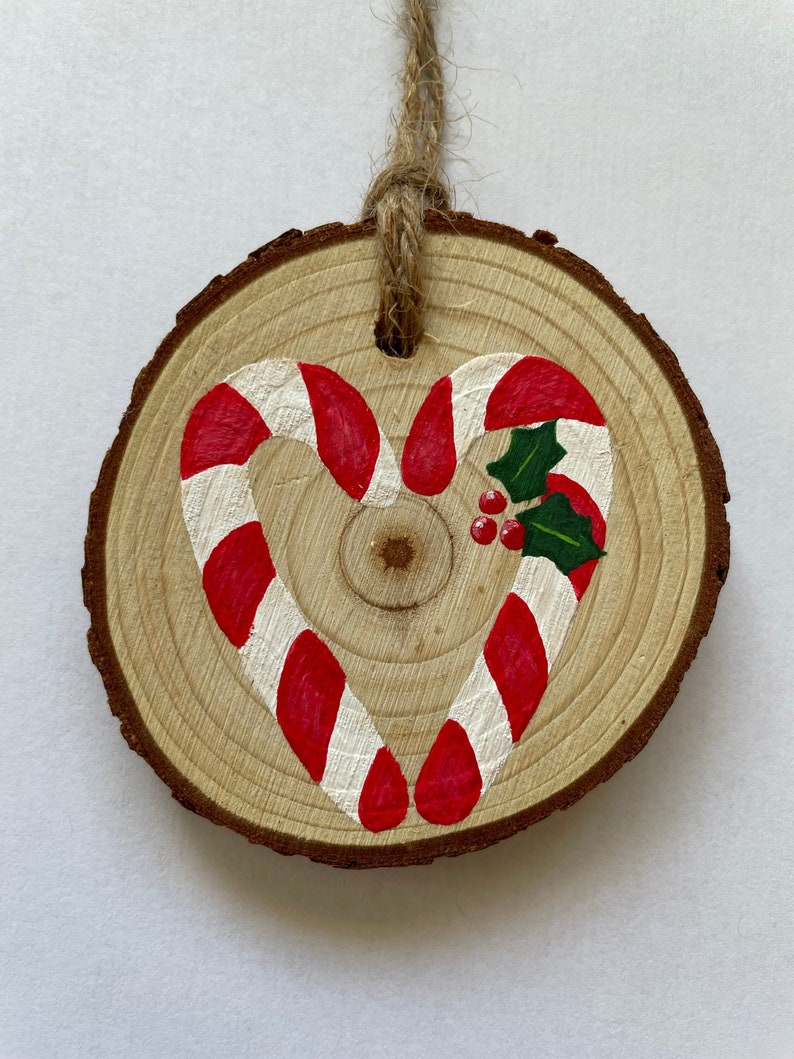 Hand Painted Wood Slice Candy Cane Heart Christmas Ornament Etsy
