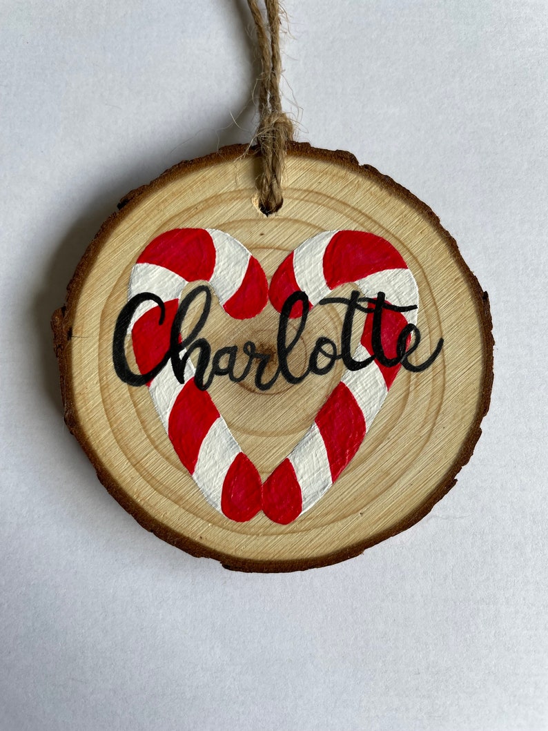 Hand Painted Wood Slice Candy Cane Heart Christmas Ornament Etsy
