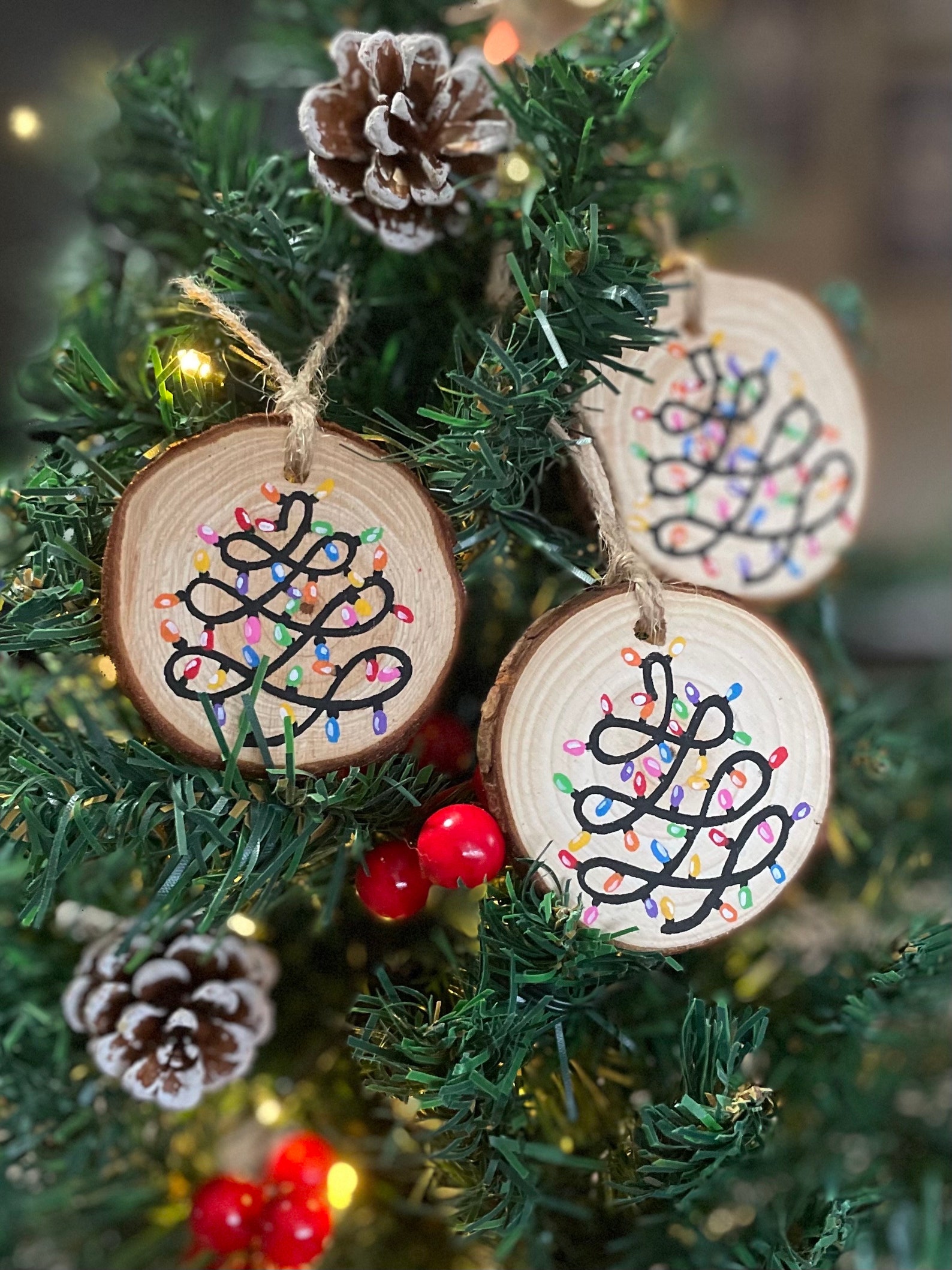 Hand Painted Wood Slice Rainbow Christmas Lights Tree Ornament | Wood ...