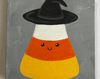 3”x3” Hand Painted Halloween Candy Corn Witch Canvas Painting