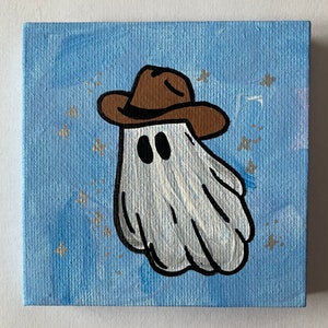 3”x3” Blue Hand Painted Sparkle Halloween Ghost with Cowboy Hat Canvas Painting | Country Ghost | Halloween Decor | Western Ghost