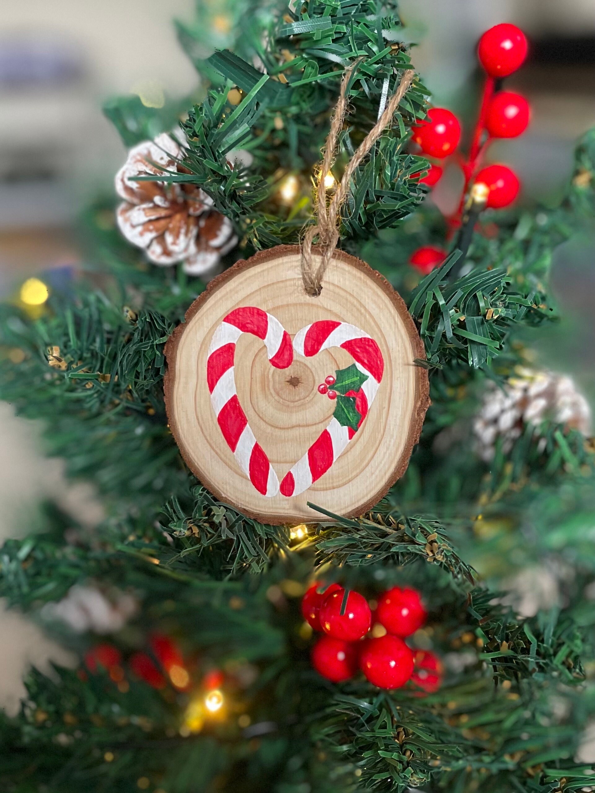 Hand Painted Wood Slice Candy Cane Heart Christmas Ornament Etsy