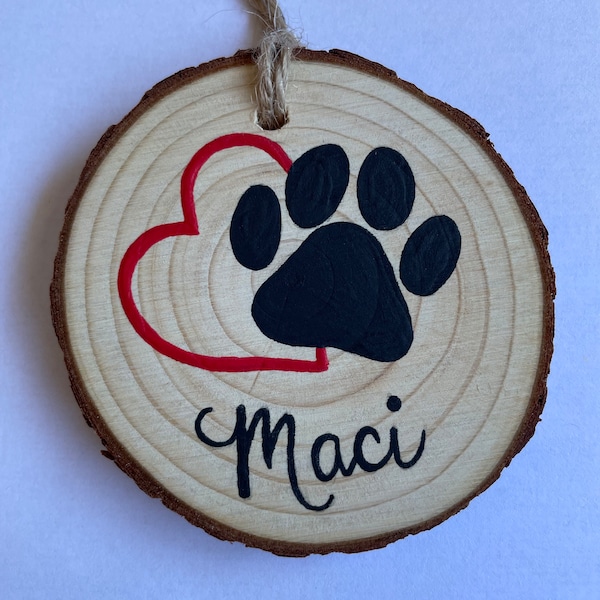 Customized Hand Painted Wood Slice Pet Paw Print Christmas Ornament | pet decoration | animal ornament