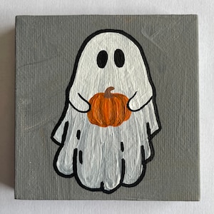 3”x3” Hand Painted  Halloween Ghost with Pumpkin Canvas Painting