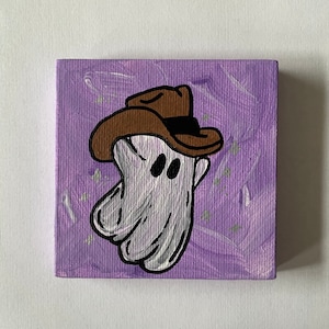 3”x3” Purple Hand Painted Sparkle Halloween Ghost with Cowboy Hat Canvas Painting | Country Ghost | Halloween Decor | Western Ghost