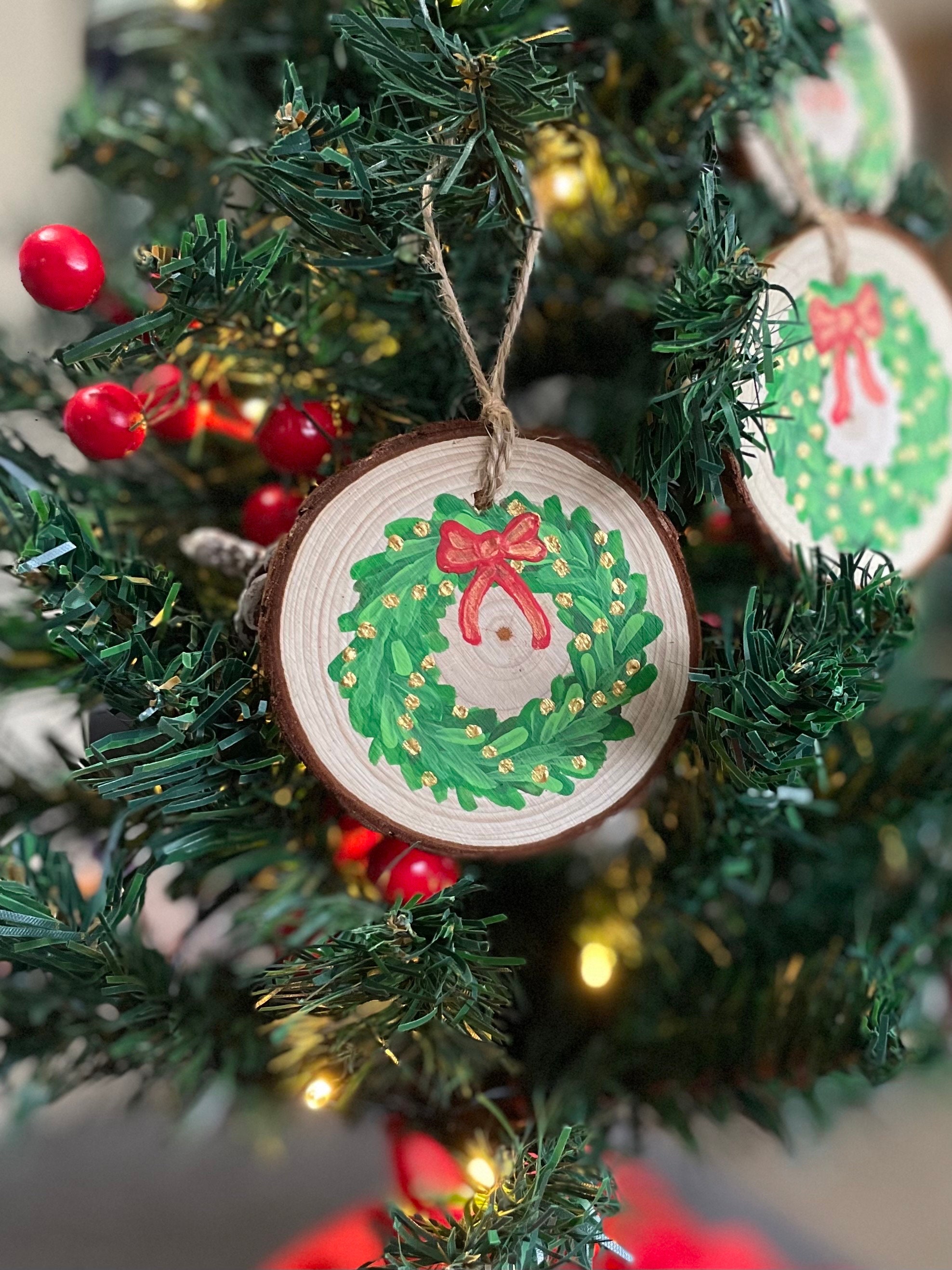 Hand Painted Wood Slice Gold Christmas Wreath With Bow Ornament | Wood ...