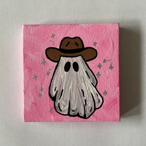 3”x3” Pink Hand Painted Sparkle Halloween Ghost with Cowboy Hat Canvas Painting | Country Ghost | Halloween Decor | Western Ghost