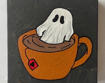 3"x3 » Fantôme d’Halloween peint à la main dans une tasse de thé Peinture sur toile | Bouh Thé | Décor d’Halloween | Tasse de thé
