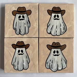 3”x3” Hand Painted Halloween Ghost with Cowboy Hat and Mustache Canvas Painting | Country Ghost | Halloween Decor | Western Ghost