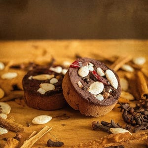 May include: Two round, dark brown baked goods topped with almonds and other ingredients sit on a wooden surface. Cinnamon sticks, cloves, and other spices are scattered around the baked goods, creating a warm, inviting scene.