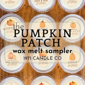 May include: A collection of soy wax melt samplers from 1971 Candle Co. Each clear container features a label with a watercolor pumpkin illustration and a unique scent name, such as "Pumpkin Pie" and "Pumpkin Bourbon". The text "The Pumpkin Patch" is also visible.
