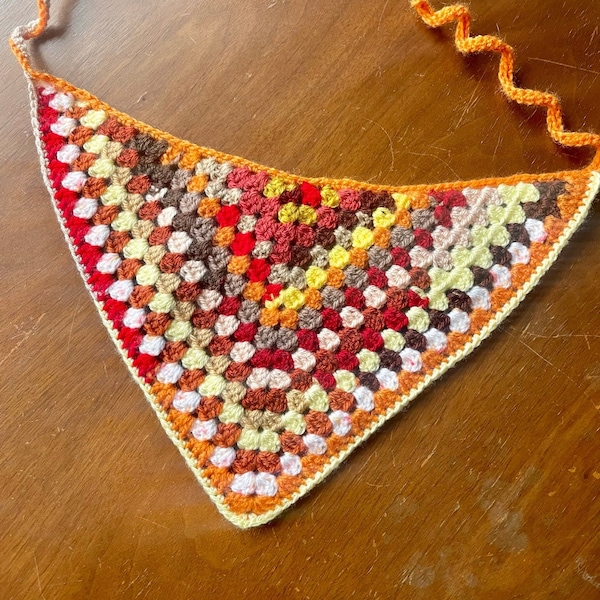 Retro Crochet Granny Triangle Bandanna Headscarf Orange Brown 70's Colours Handmade 60's Vintage Style Cottagecore