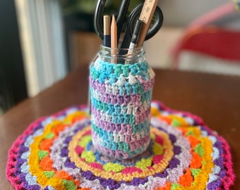 Handmade Crochet Cover Storage Jar Pot | Bud Vase | Cloud Stripes blue purple | Upcycled Home | Mid Century Retro 60's 70's Homeware