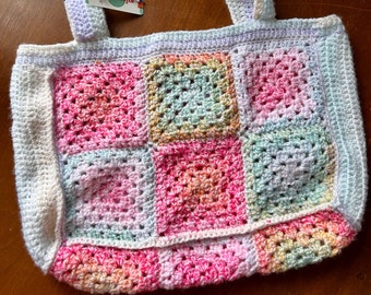 Retro Granny Square Tote Bag Pastel Ombre Cloud Rainbow Yarn 60's 70's Shoulder Bag