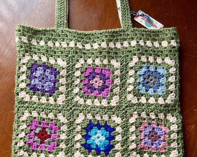 Featured listing image: Retro Granny Square Large Tote Bag Forest Green Rainbow 60's 70's Lined Shoulder Bag