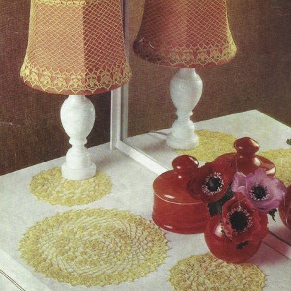 Vintage Crochet Pattern PDF Coats Mercer no. 60 Retro Cheval Set & Matching Lampshade Cover Doily Download