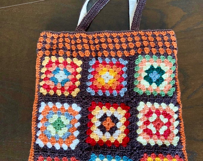 Featured listing image: Retro Crochet Granny Square Large Tote Bag 70's Sunset Orange |Brown 60's 70's Lined Shoulder | Bag Mid Century Gifts