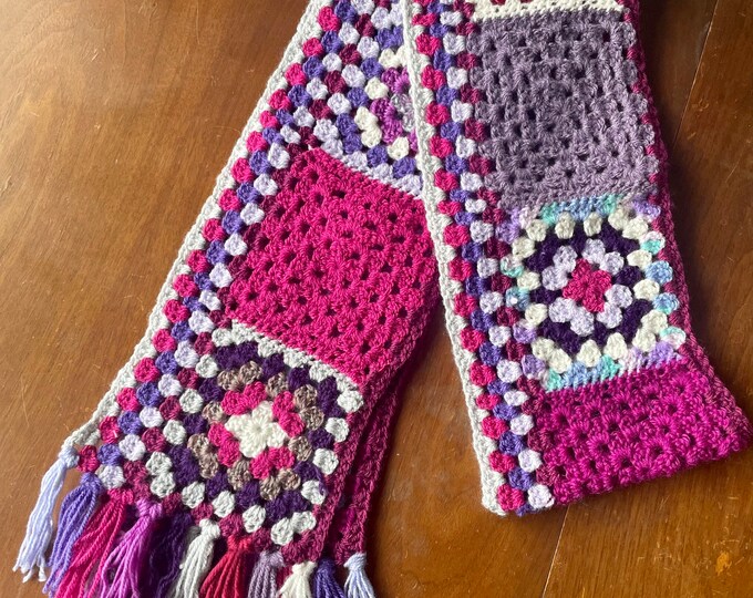 Featured listing image: Handmade Crochet Granny Square Multi-Coloured Tassel Scarf Purple Shades Violet Lavender Stripes