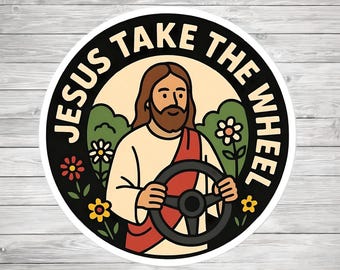 Sticker Jezus neemt het wiel | Grappige christelijke sticker | Waterdichte vinylsticker | Religieuze autosticker | Op geloof gebaseerd cadeau | Christelijke humor