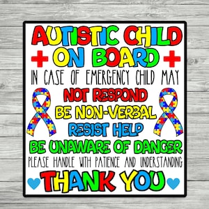 Autistic Child On Board Car Sign, Autism Awareness Safety Decal, Non-Verbal, May Not Respond, Special Needs Alert, Puzzle Piece Ribbon