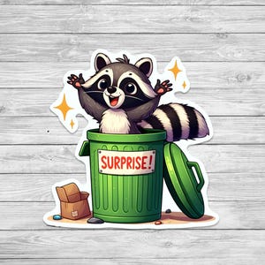 Surprise Raccoon Sticker – Cute Trash Panda Popping Out of Bin – Funny Animal Vinyl Sticker for Water Bottles, Laptops, Journals, Gifts