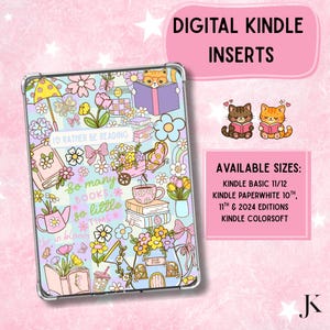 以下が含まれることがあります： カラフルな花柄と本をテーマにしたデザインの透明なKindleケース。ケースには「I'd rather be reading」と「So many books, so little time」の文字が描かれています。2匹の漫画の猫が本を読んでいます。画像には「Digital Kindle Inserts」の文字も含まれています。