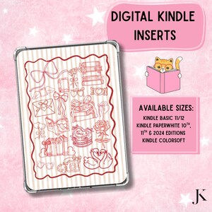 May include: Digital Kindle inserts with a decorative design. The image features a Kindle with a cream and red border, showcasing various illustrations like books, bows, and hearts. The text "DIGITAL KINDLE INSERTS" is displayed in a pink banner.
