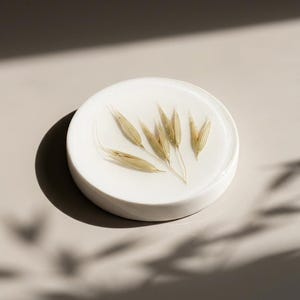 Op de afbeelding: Een ronde witte onderzetter of decoratief schaaltje van hars met ingebedde gedroogde haverstengels. Het oppervlak is glad en ondoorzichtig en toont de natuurlijke bruine en gouden tinten van de geconserveerde graanstengels in het midden.