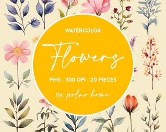 watercolor spring pastel flower PNG, digital floral graphic for boho invitation and stationery, clipart of wild bouquet with leave and petal