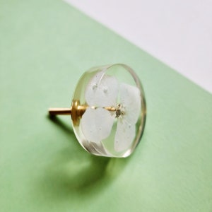 Op de afbeelding: Een ronde, transparante knop met een witte bloem erin geperst. De knop heeft een gouden metalen steel.