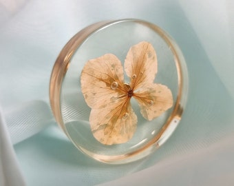 Minimalist Cabinet Knobs with Real Hydrangea Petals – Handmade Resin Drawer Pulls with Brass Accent