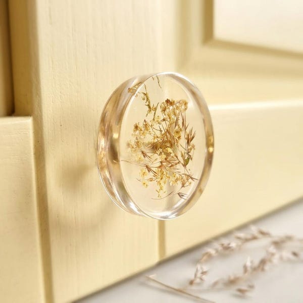 Floral resin drawer knob: cabinet pull with dried grass and brass