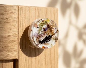 Drawer pull with real pinecone and forest plants; Botanical knob