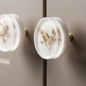以下が含まれることがあります： 透明な丸いデザインのキャビネットノブが2つ。各ノブは、透明な素材に包まれた、乾燥したタン色の草を特徴としています。ノブは真鍮色のベースで、ニュートラルなトーンのキャビネットに取り付けられています。