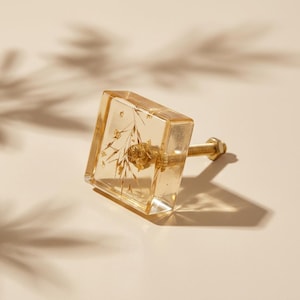 May include: A square cabinet knob with a clear resin body, featuring dried golden-colored botanical elements. The knob has a brass-colored screw and nut for attachment. The design is modern and decorative.