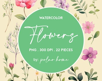 bunte Blumen als PNG Datei, Aquarellzeichnung für florale Designs z.B. als Briefpapier, Clip Art von Wiesenpflanze: Kraut, Blatt und Blütenblatt