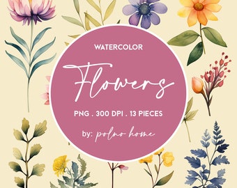 Digital file of watercolor flowers in PNG, Floral elements in herbarium style, Pastel petals and leaves