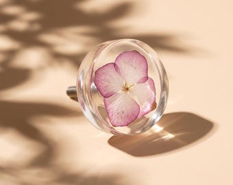 Knopf mit rosa Hortensienblüte: Schubladengriff aus Kunstharz mit Messingsockel