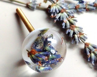 Lavender sphere knobs for dresser, Botanical drawer pulls with violet flower, Romantic crystal ball handle