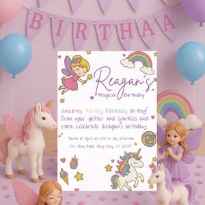 Magical Unicorn Fairy Birthday Invitation Girl | Rainbow Unicorn & Fairy Birthday Invite | Glitter Fairy, Unicorn Birthday Party Invitation