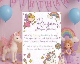 Magical Unicorn Fairy Birthday Invitation: Rainbow Pastel Theme (Editable Template, 5x7")