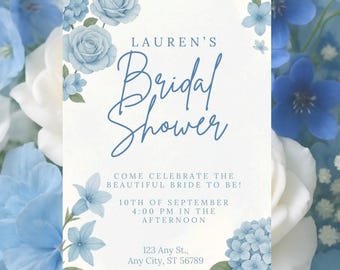 Blue Floral Bridal Shower Invitation: Elegant Watercolor Template (Canva Editable, Digital Download)