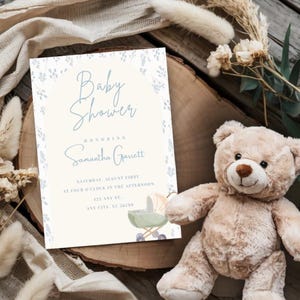Boho Baby Shower Invite | Blue & Beige Watercolor Design | Neutral Baby Shower Invitation | Editable Canva Template